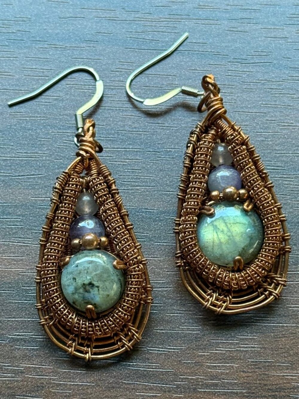 Artisan Copper Wire Earrings with Labradorite, Amethyst, and Moonstone